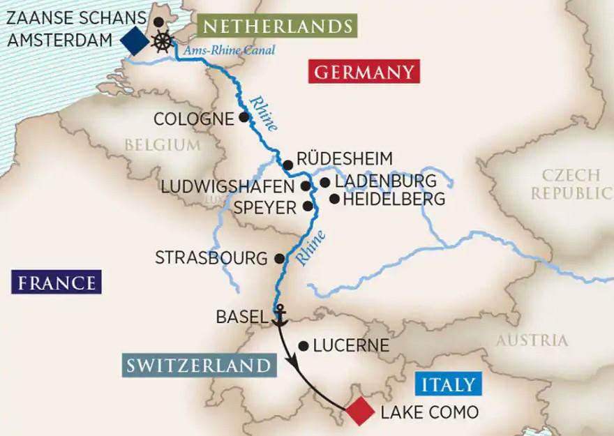 A map of the Ama River cruise along the Rhine River