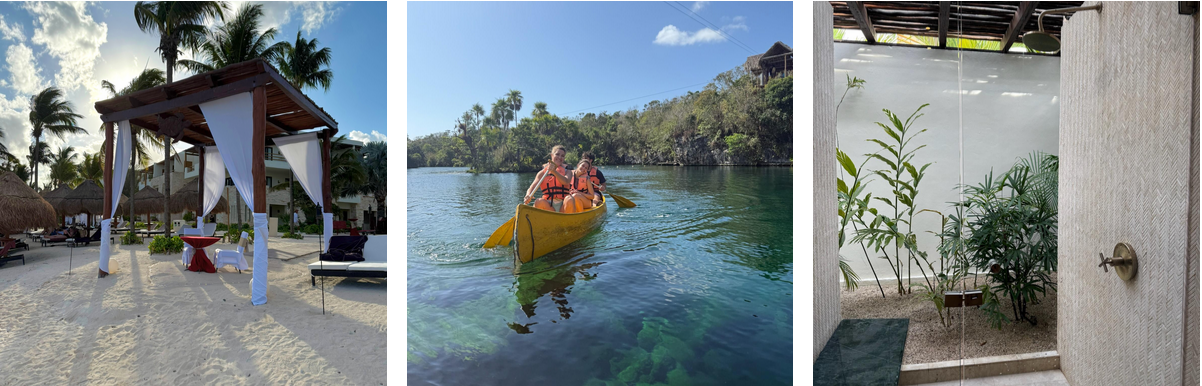 Three different photos of the experiences at the resort. The first photo shows a cabana at the beach, the second photo features kayaking, and the final photo is of the spa.