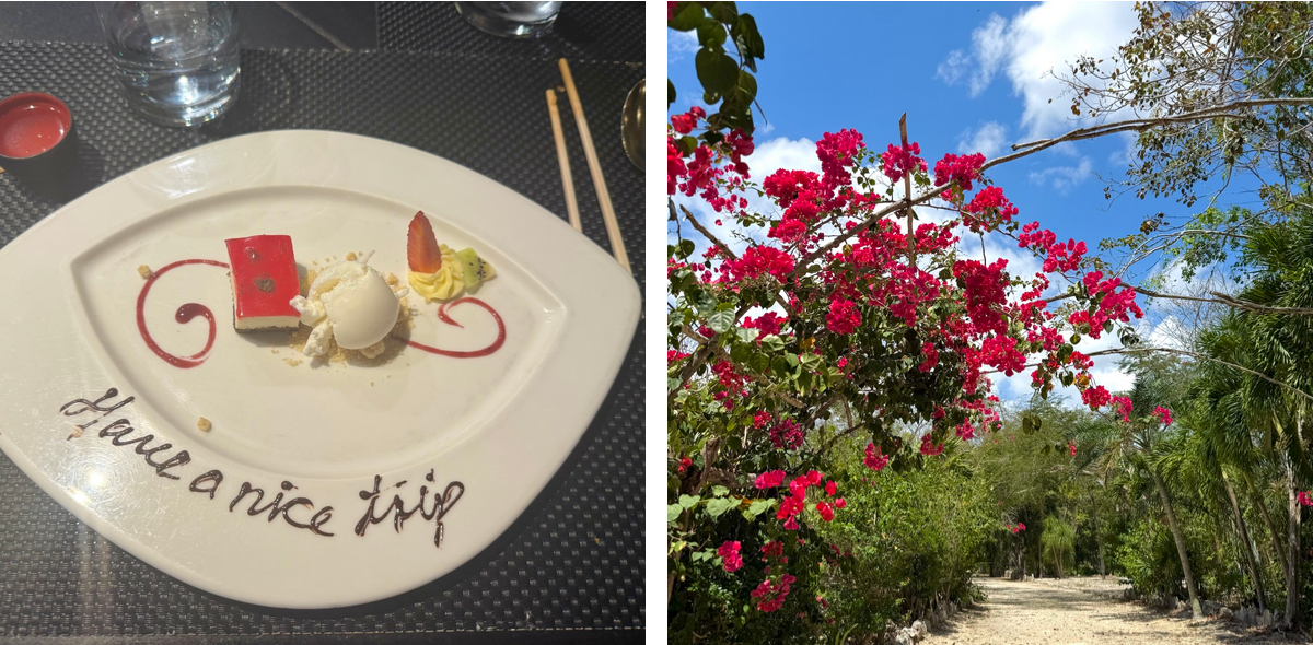 A photo gallery with two images that show a decadent dessert and flowers along a path at the resort.
