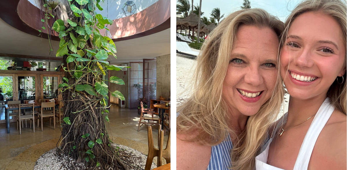 This gallery contains two images. The first image is of the a tree growing through the dining room, while the second image is of Jana and her daughter smiling. 