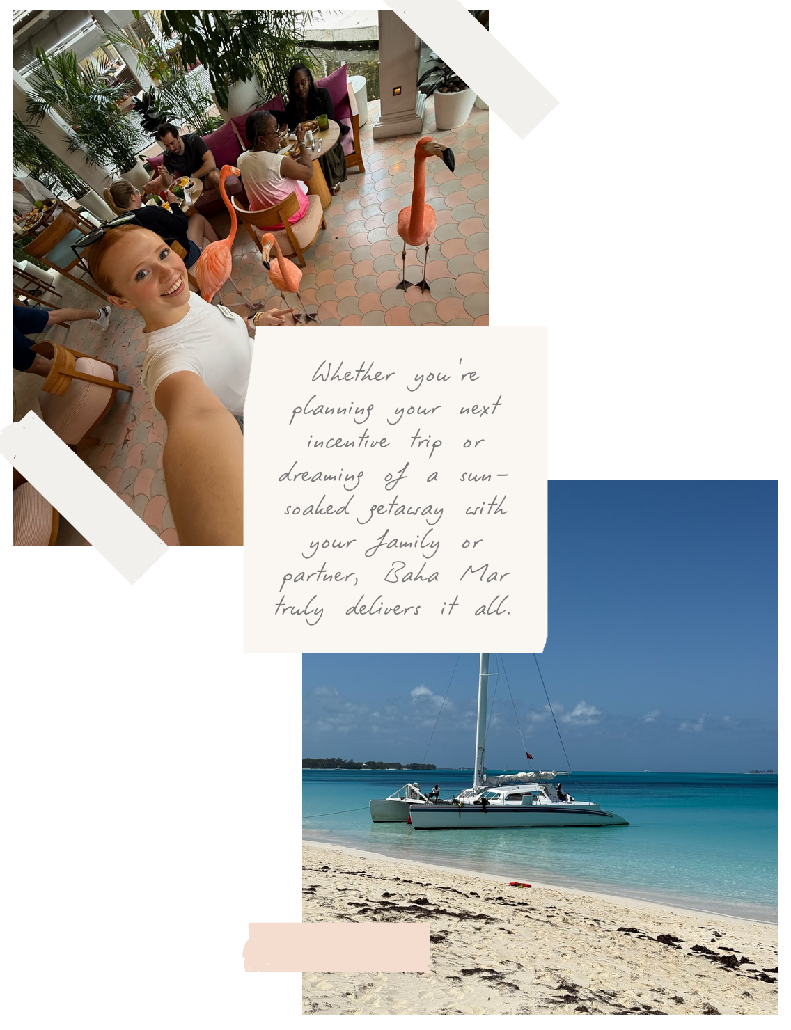 The first photo is Jana's daughter smiling with flamingos and the second photo is a landscape shot of the ocean in the Bahamas