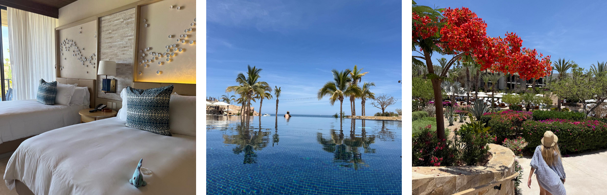 A three image gallery that shows the bedroom, pool, and walking paths of the Velas Resorts.