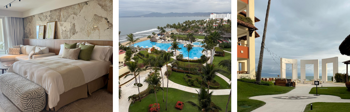 This three image gallery shows the bedroom, an aerial view and the white arches at the Velas Resorts.