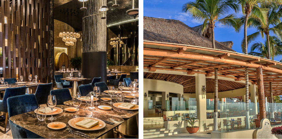 Two images that show the fancy table settings and the outside dining area beneath palm trees.