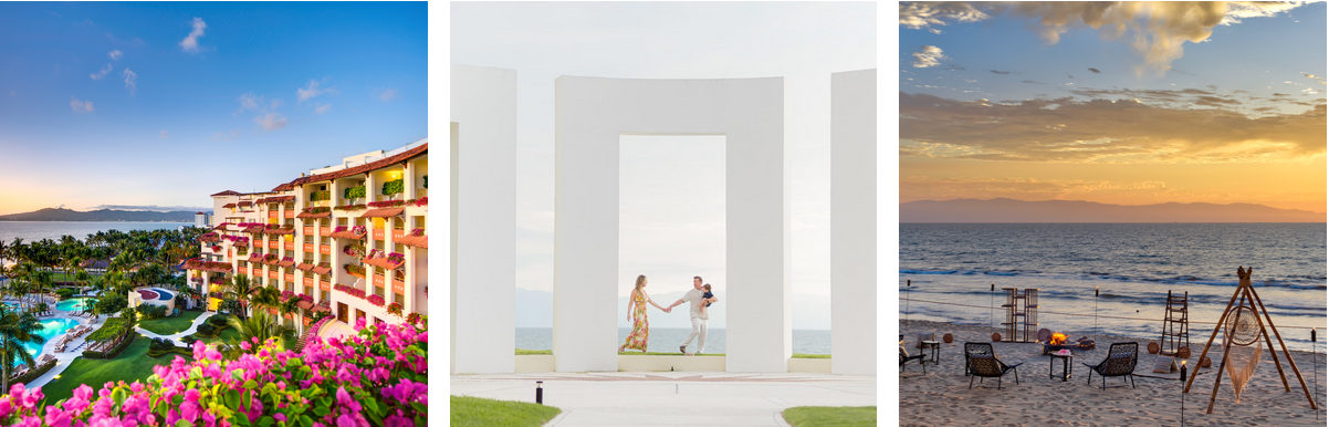 This gallery contains three images. The first image is a side profile of the property and pool. A couple holding hands with a baby is the second image. The last image is a bonfire on the beach.