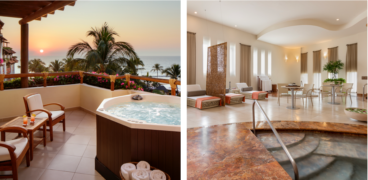 This gallery has two images showcasing the spa. The first highlights the outdoor jacuzzi, while the second shows the indoor pool.